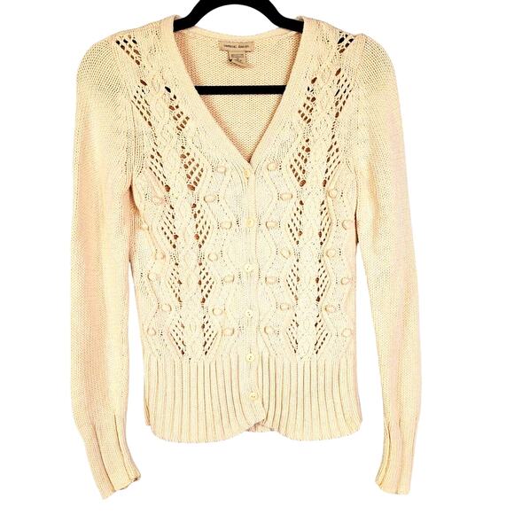 VERTICAL DESIGN off white open weave chunky knit cardigan button up sweater med - Picture 1 of 5
